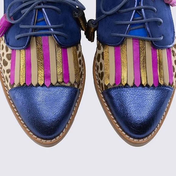 NEW Handmade Pink Blue Suede Leather Leopard Fringe Oxford Lace-Up Shoes  6 -9.5 - Picture 3 of 12